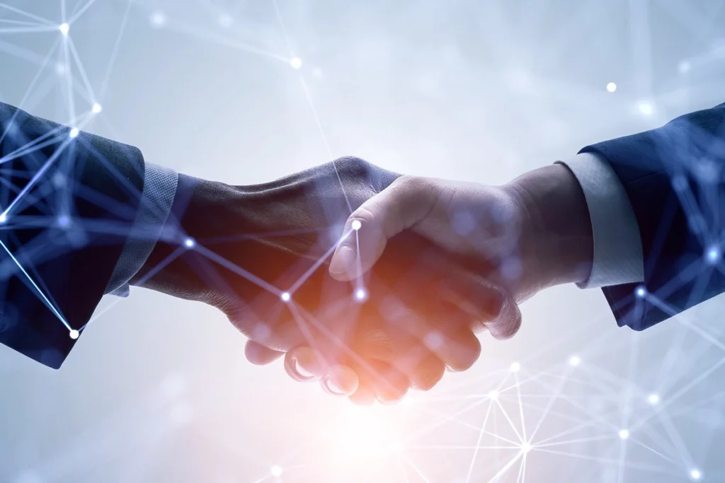 einsAmobile, Ihr Vertrauen in guten Händen. Handschütteln, Anzug, Polygonale Lichteffekte