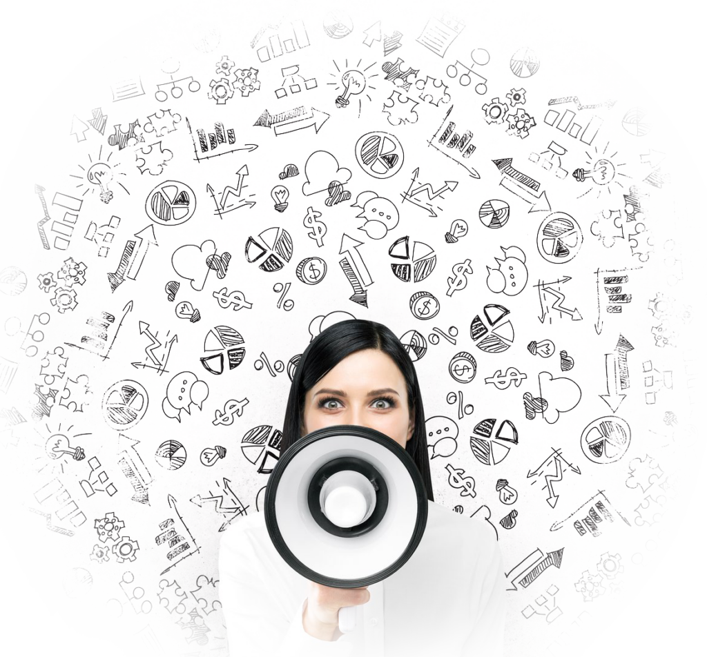 Frau mit Megafon vor einer Wand mit vielen gescribbelten Icons die sich um Business drehen.